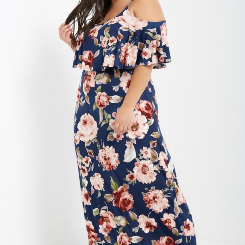 NWT Fall Floral Cold Shoulder Ruffle Maxi Dress